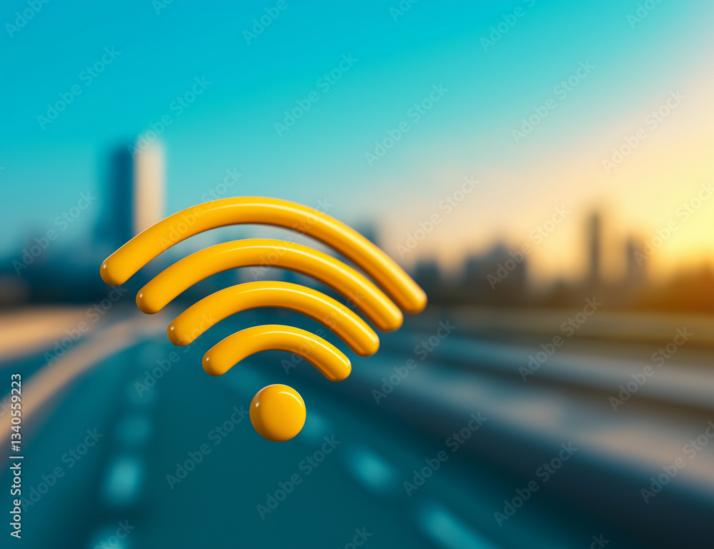 Obraz premium vibrant yellow wireless signal icon stands prominently against blurred cityscape background, symbolizing connectivity and technology
