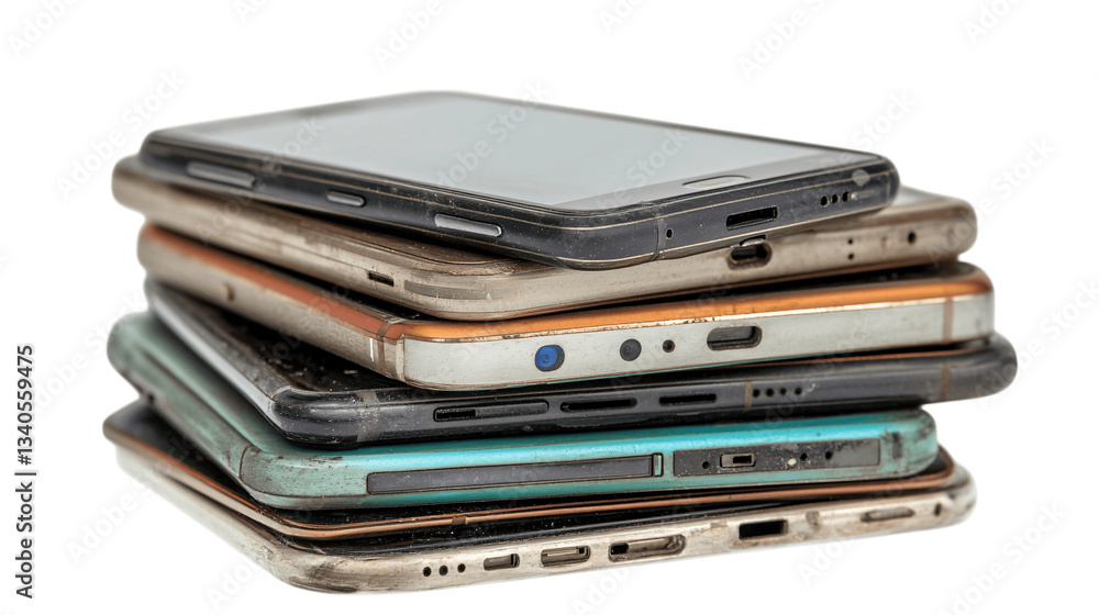 Old smartphones stacked ??, outdated technology. Transparent background. --ar 16:9 Old smartphones stacked ??, outdated technology. Transparent background. --ar 16:9