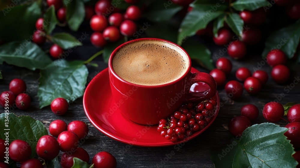 Rich, aromatic coffee in red cup surrounded by fresh ripe berries and lush green leaves Rich, aromatic coffee in red cup surrounded by fresh ripe berries and lush green leaves