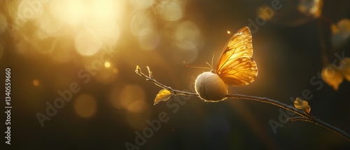 Delicate butterfly emerging from cocoon on branch in golden light