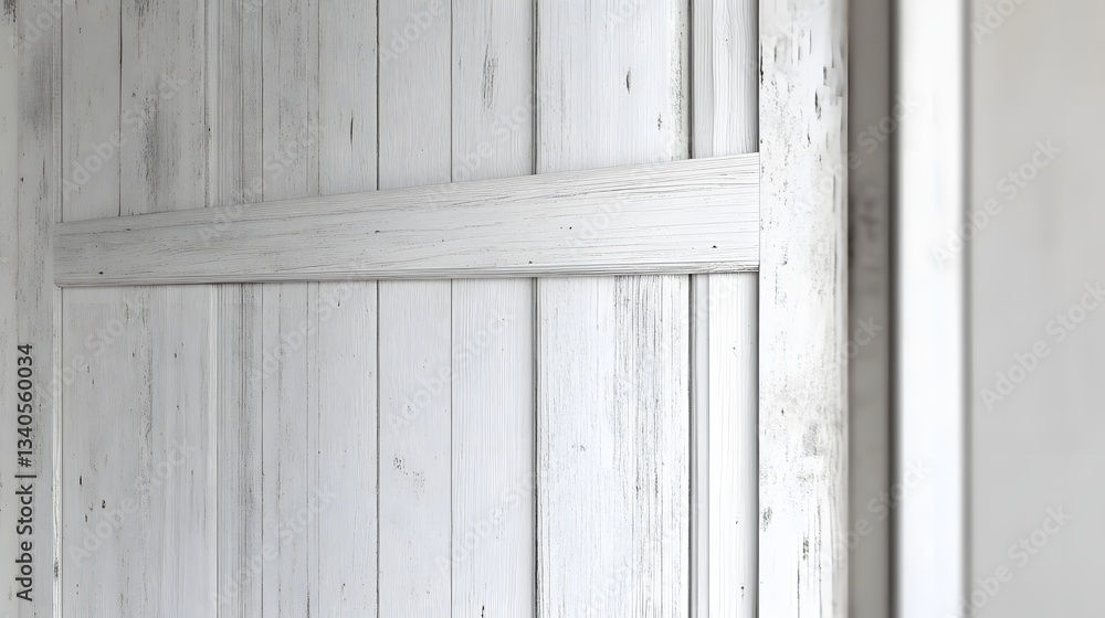 Close up shows a weathered white painted wooden door Close up shows a weathered white painted wooden door