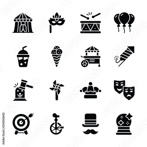 Grab this creatively designed glyph collection of carnival show