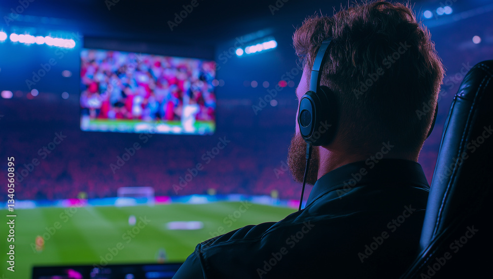 focused sports commentator wearing headphones, observing live match in stadium filled with fans. vibrant atmosphere enhances excitement of game focused sports commentator wearing headphones, observing live match in stadium filled with fans. vibrant atmosphere enhances excitement of game