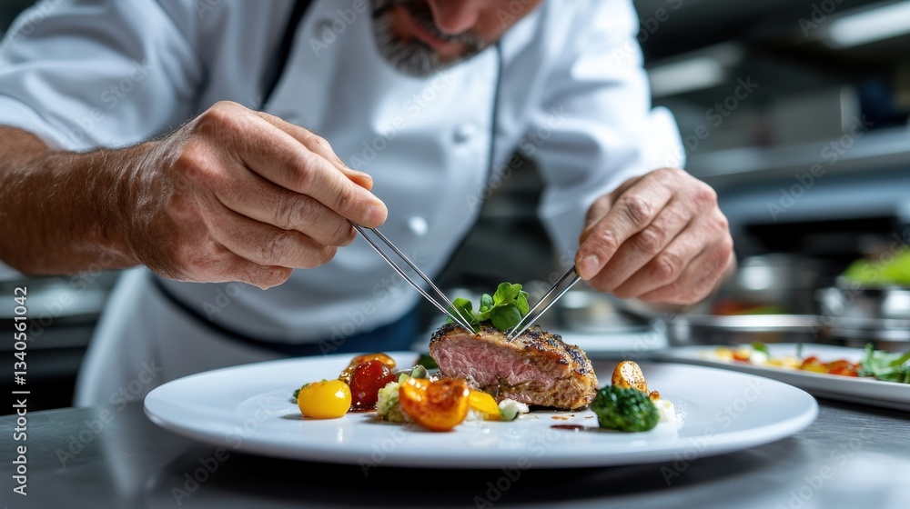 A chef is preparing a meal with a piece of meat and vegetables on a white plate A chef is preparing a meal with a piece of meat and vegetables on a white plate