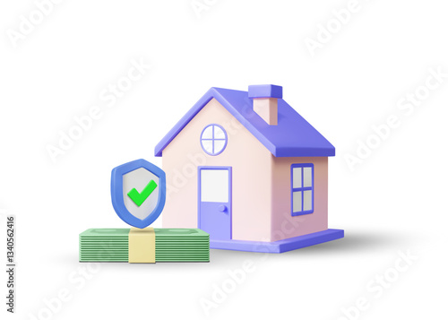 3D illustration vector render of house icon, banknotes and shield with check mark. Financial security concept of home ownership or real estate insurance isolated on white background.