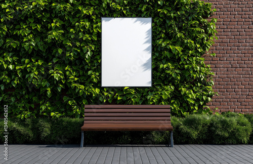 mockup of blank billboard in front of wooden bench against green wall. scene is serene and inviting, perfect for showcasing advertisements or art