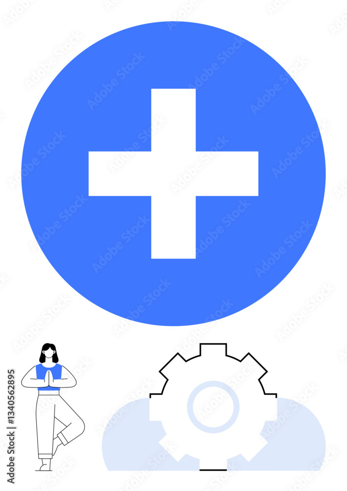 Obraz premium Blue plus sign symbolizes positivity and health above yoga pose figure and gear. Ideal for wellness, productivity, self-care, technology, personal development, mindfulness, flat simple metaphor
