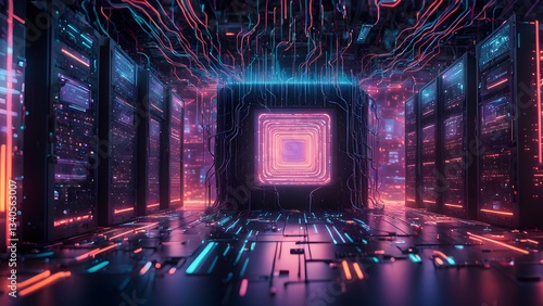 Abstract 3D rendering a futuristic server room neon lights glowing data cables.