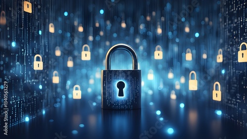 A large padlock glowing keyhole sits foreground against a background digital data smaller padlocks, symbolizing cybersecurity data protection.