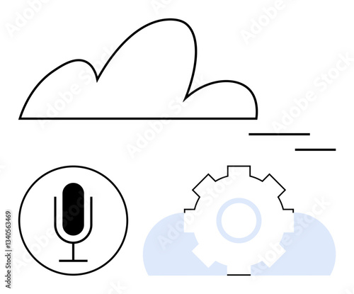 Cloud above accompanied by a microphone circle and gear icon representing speech-to-cloud connectivity, automation, and functionality. Ideal for AI, voice command, cloud tech, automation, modern