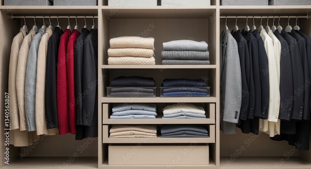 Obraz premium Organized Closet with Hanging Suits and Folded Sweaters for Home