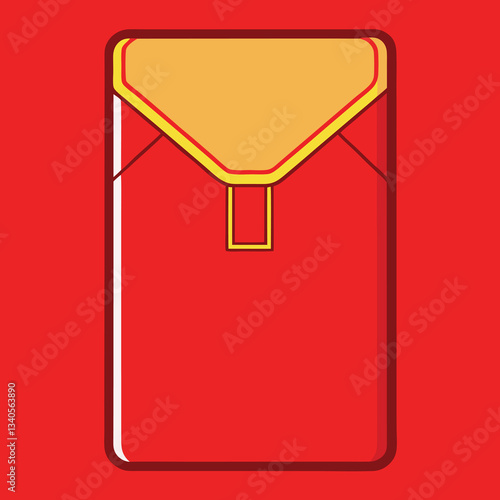 Red Envelope with Yellow Flap Vector, A vector illustration of a red envelope with a yellow flap and a simple clasp closure, set against a bright red background.  
