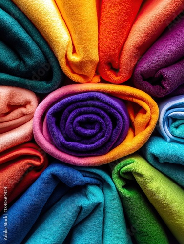 Colorful rolled fabric arranged in a circular pattern.
