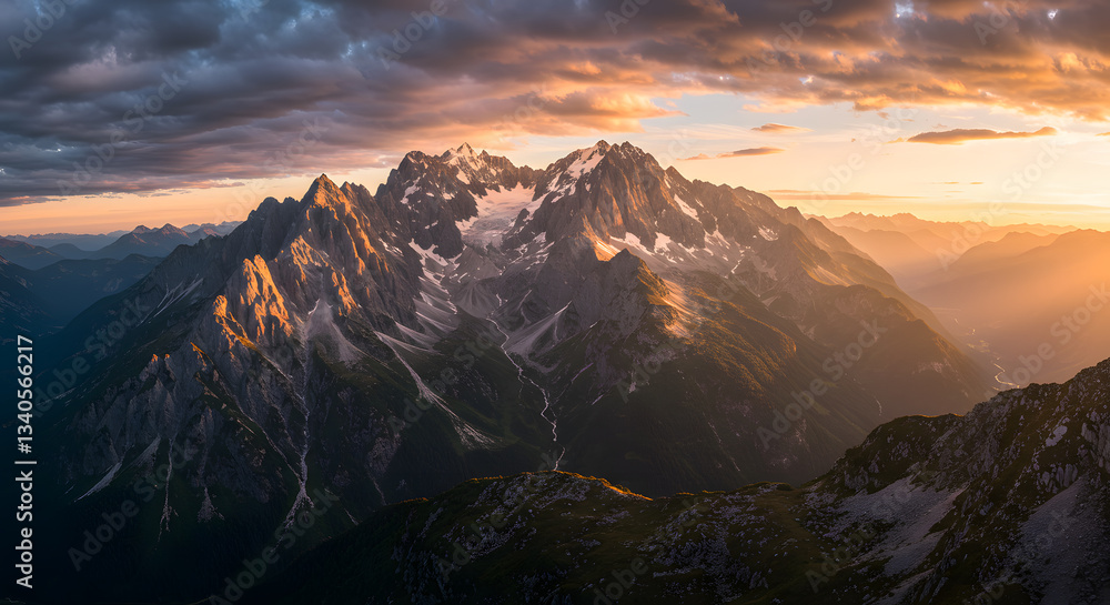 Obraz premium Dramatic Mountain Range at Sunset with Golden Light and Cloudy Skies