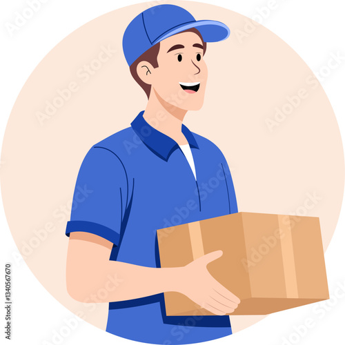 Illustration of a delivery man holding a neatly packed cardboard box and being professional