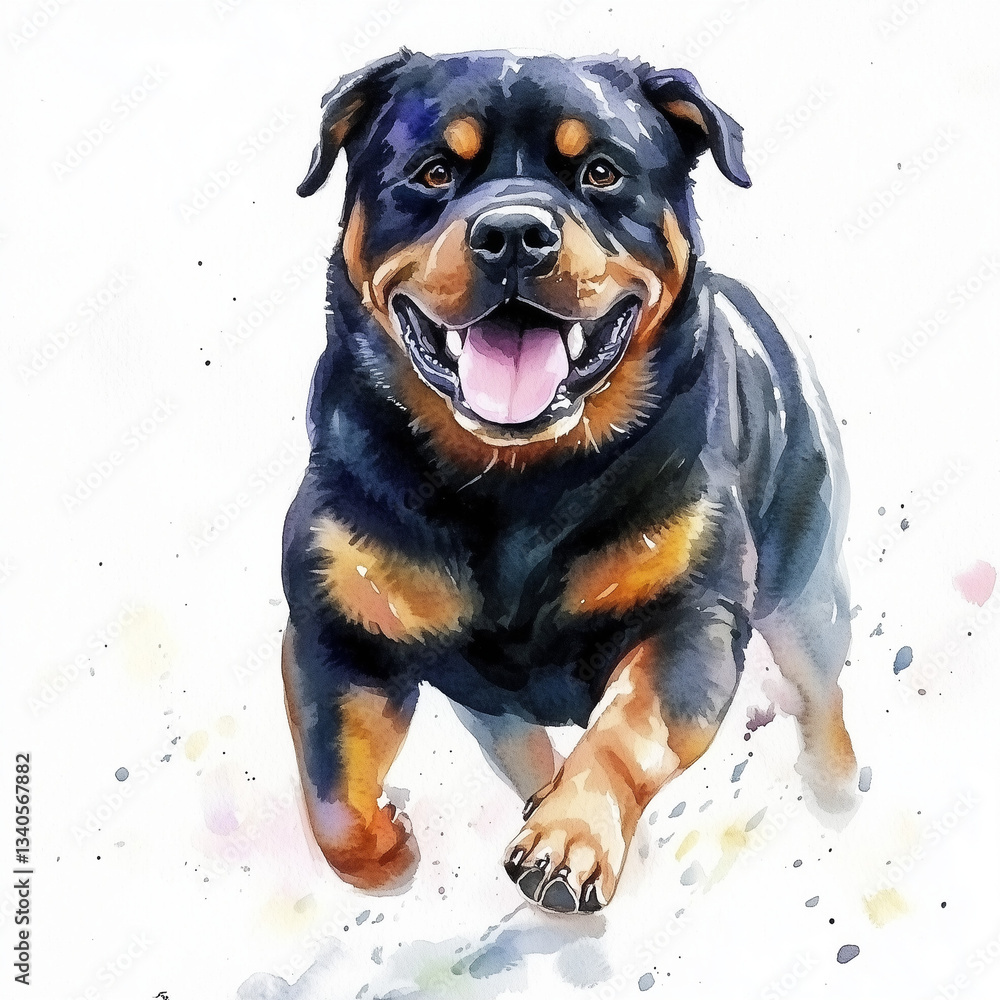 Fototapeta premium Illustration of the Rottweiler dog, soft watercolor tones, white background, detailed illustration, cartoonish.