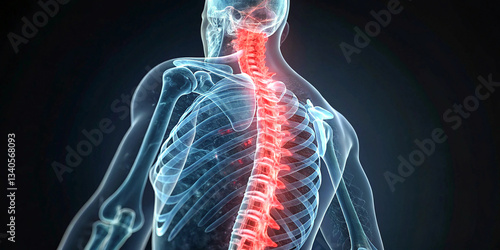 Medical illustration, human skeleton, spinal cord highlighted in red, transparent body, x-ray view, digital 3D rendering, anatomical diagram, blue holographic background, educational visual,
