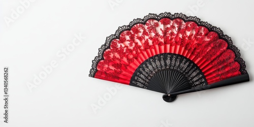 Elegant red and black hand fan with lace decoration on white background