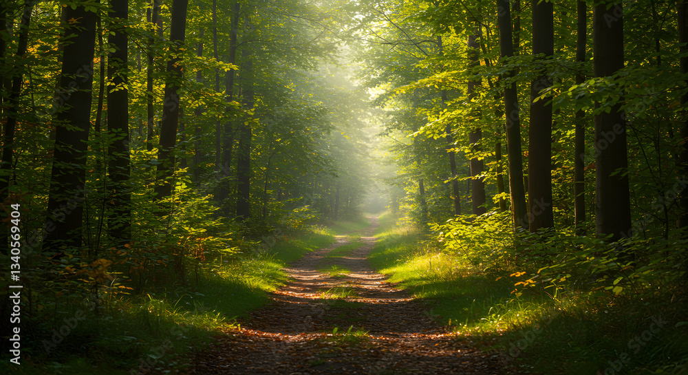 Fototapeta premium Walking Path Through Green Forest with Sunbeams and Nature Scenery