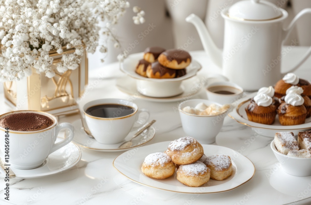 Fototapeta premium Elegant coffee setup with pastries, white background,
