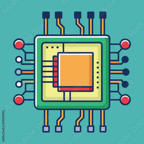 Microprocessor Circuit Vector Icon Design, A vector illustration of a microprocessor with colorful circuit connections, set against a turquoise background, representing modern technology.
