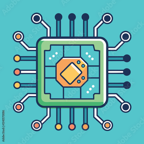 Microprocessor Circuit Vector Icon Design, A vector illustration of a microprocessor circuit with colorful connections, set against a turquoise background, symbolizing technology.

