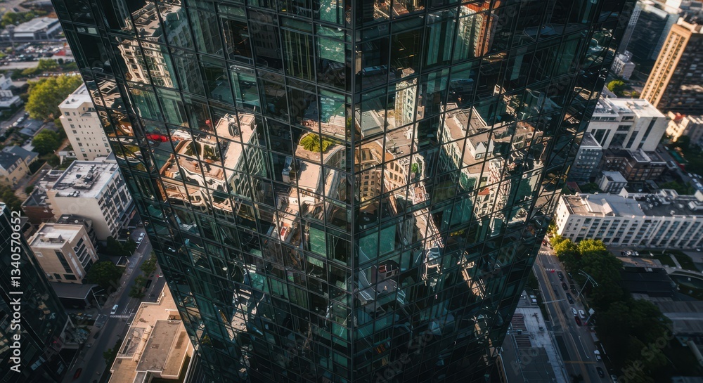 Obraz premium Building Reflection and Cityscape Urban Scene From an Aerial Perspective