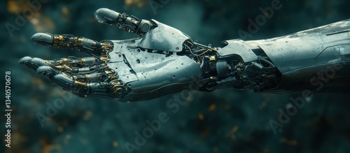 Modern Robotic Arm Reaching Out in Industrial Setting Against Dark Background - Symbol of Technological Advancement and Innovation for AI and Industry 4.0 Concepts