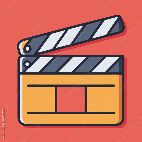 Film Clapperboard Vector Icon Design, A vector design of a film clapperboard with a striped top, set against a red background, symbolizing movie production.

