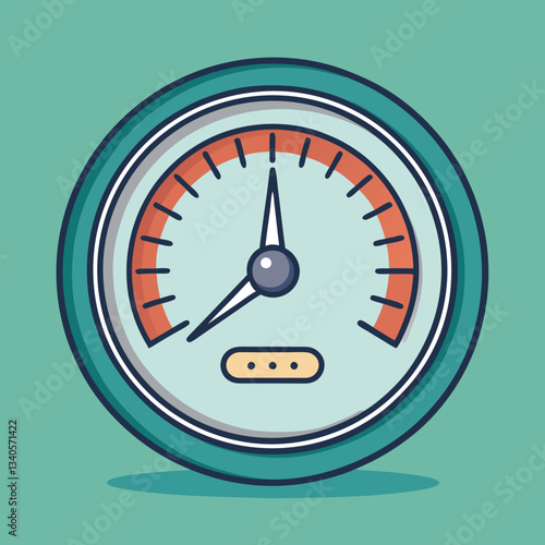Pressure Gauge Vector Illustration on Green Background, A detailed vector illustration of a pressure gauge with an orange needle, set against a soft green background.

