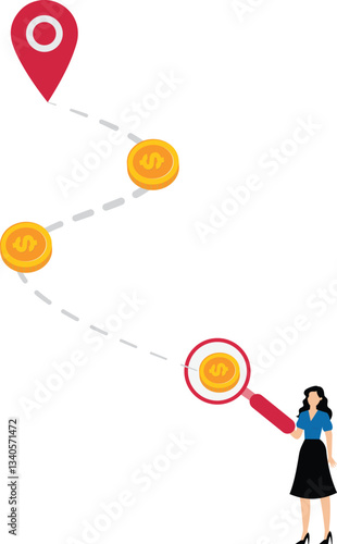 Businesswoman holding a magnifying glass looking for the trail of money gold coins