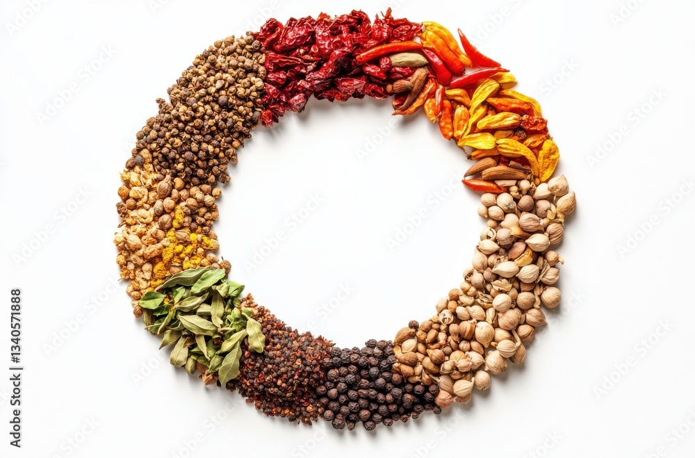 Exotic spices from around the world, arranged in a circle,