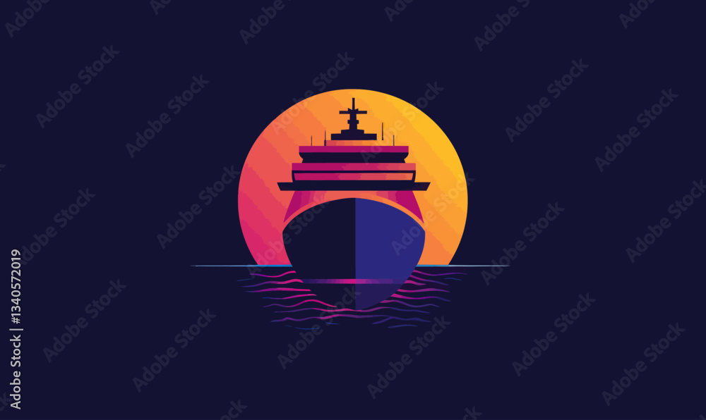 Naklejka premium Minimalist Cruise Ship Logo Design with Sunset Theme in Flat SVG Vector Style