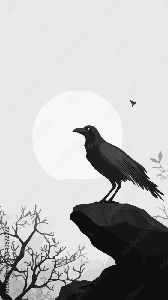 Fototapeta premium Minimalist Black and White Crow Illustration on Cliff with Moonlit Background