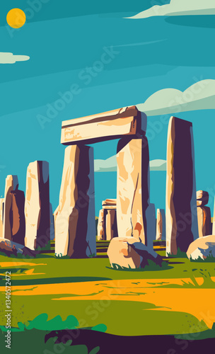 Stonehenge England Retro Travel Poster in Minimalist Style for European Summer Holidays