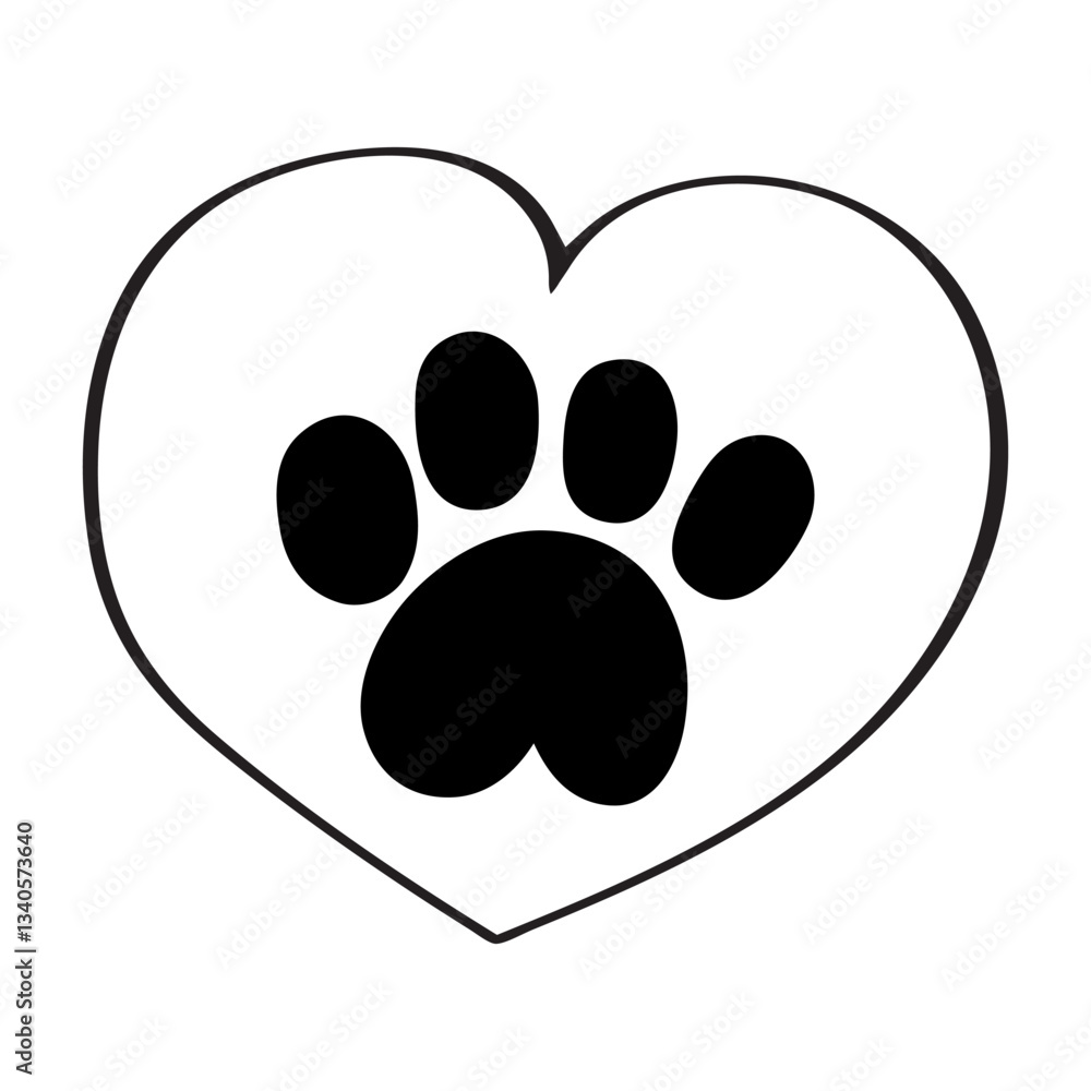 Dog paw inside heart. Outline isolated icon. Illustration on white background. Dog paw inside heart. Outline isolated icon. Illustration on white background.