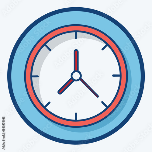 Modern round clock vector design, A modern vector design of a round clock with a white face, blue and red frame, and minimalistic hands on a light blue background.
