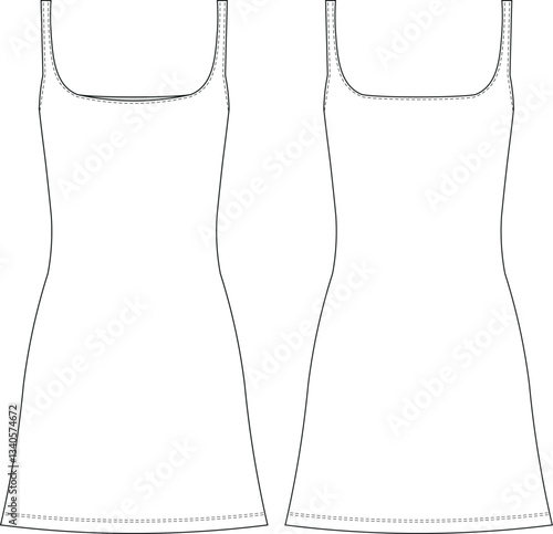 squared neck sleeveless strapped strappy shoulder straps short mini a line sport  dress template technical drawing flat sketch cad mockup fashion woman design style model 

