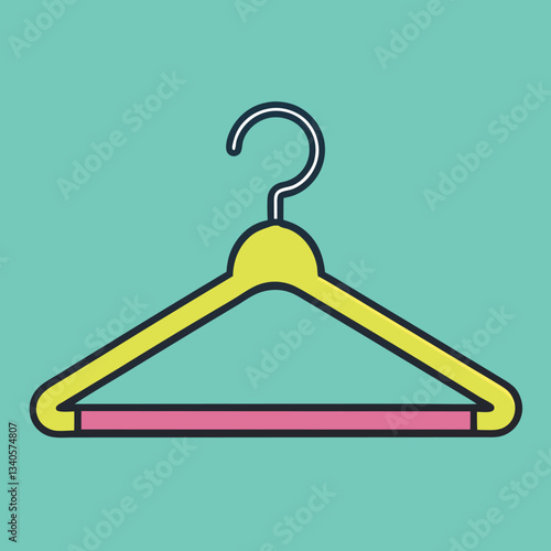 Colorful clothes hanger vector illustration, A vibrant vector illustration of a clothes hanger featuring yellow and pink colors on a mint green background with clean lines.
