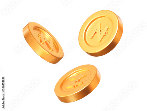 3d flying golden Nigerian Naira coins with different angles. Stock vector illustration on isolated background.