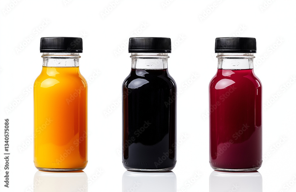 Three bottles of different juices, including orange, black, and red, are displayed on white background, showcasing vibrant colors and clear liquid Three bottles of different juices, including orange, black, and red, are displayed on white background, showcasing vibrant colors and clear liquid