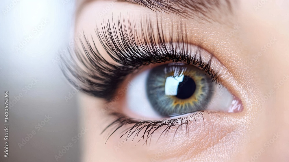 Fototapeta premium Close-up of a woman's eye with long lashes, soft light, blurred background, conveying quiet introspection.