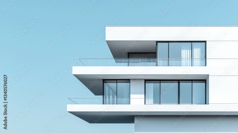 Minimalist white building exterior with balconies against a clear sky Minimalist white building exterior with balconies against a clear sky