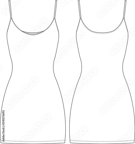 scoop neck u neck sleeveless strapped strappy shoulder straps elastic sport fit short mini bodycon dress template technical drawing flat sketch cad mockup fashion woman design style model 
