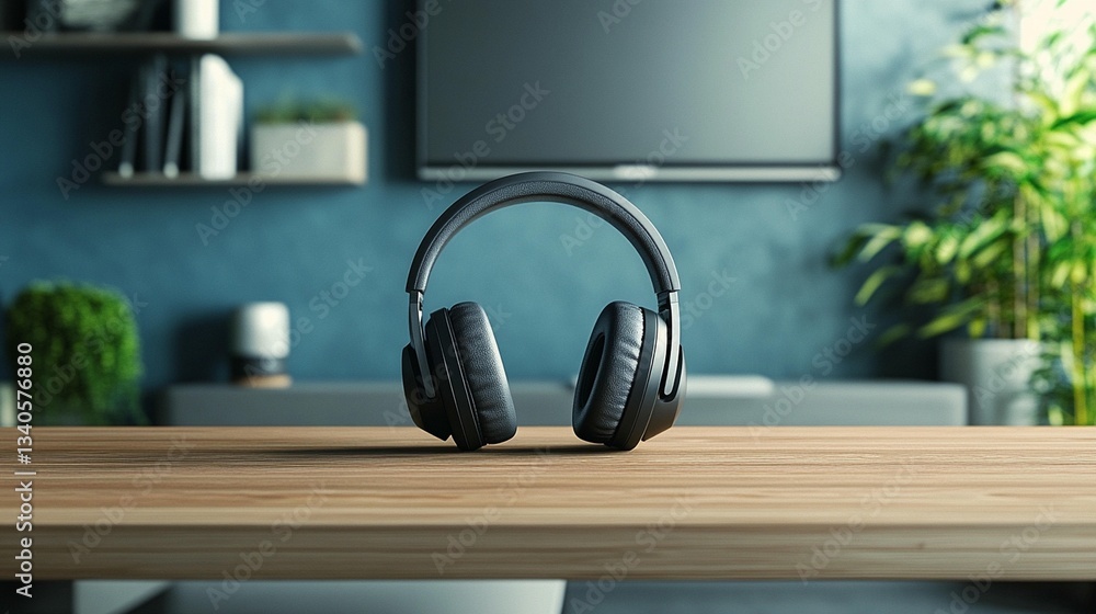 Wireless Headphones on Wooden Table Wireless Headphones on Wooden Table