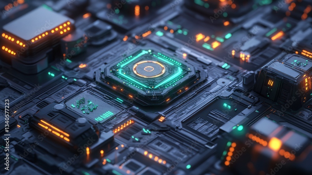Fototapeta premium Futuristic cityscape with glowing structures and digital pathways, showcasing advanced urban innovation.