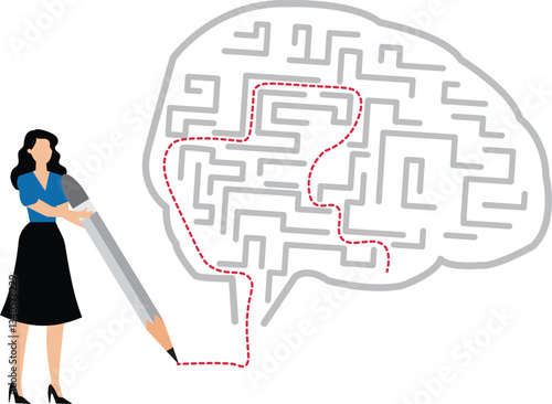 Businesswoman draw workaround line to solve maze, creativity to overcome obstacle or solving business problem