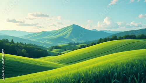Abstract Green Summer landscape background vector. Nature wallpaper of green field on mountain, f