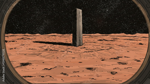 A grand monolith standing over mars, as seen from a space station window, ominous, sketchy ink illustration