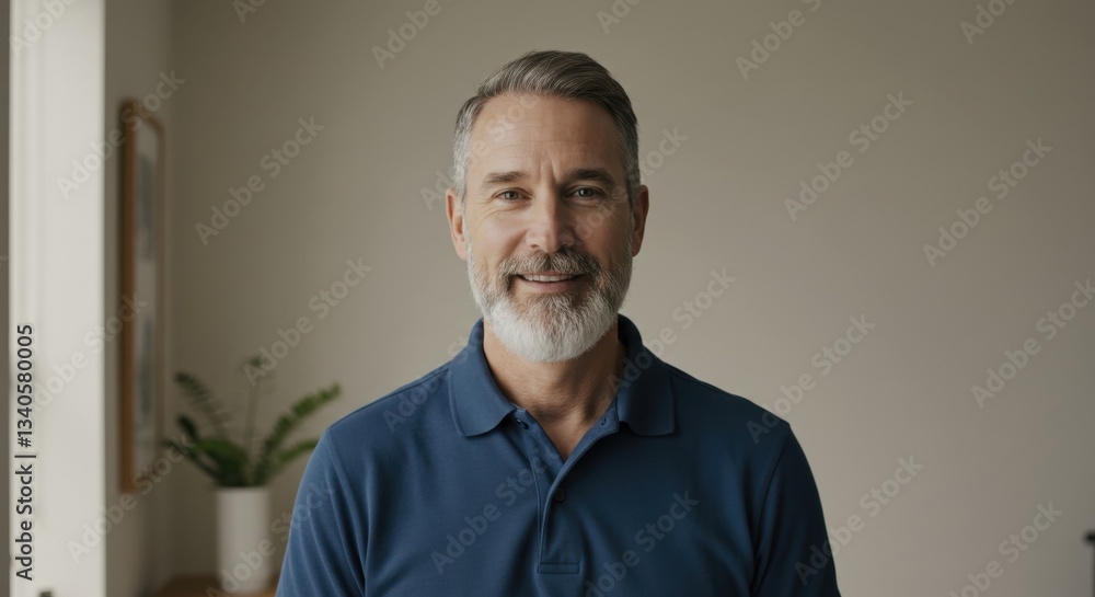 Obraz premium Portrait of a Smiling Man in a Blue Shirt in a Bright Room with Plant Decor